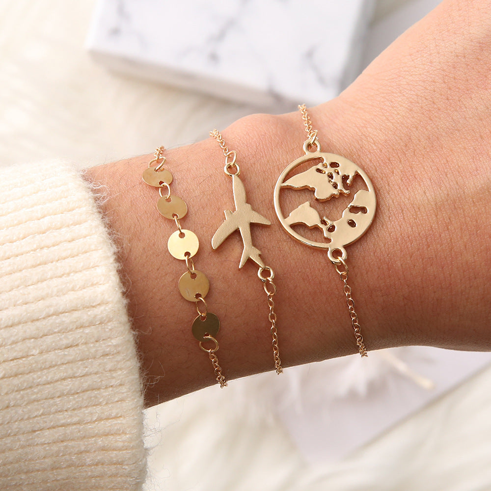 European And American Bohemian Aircraft Map Charm Bracelet 3-piece Set For Women