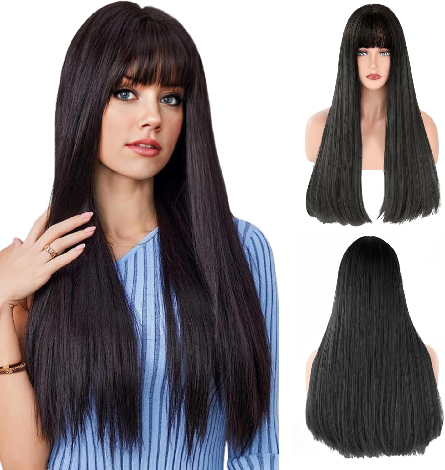 Black Long Straight Wig With Flat Bangs for Women - Natural Shoulder Length Heat Resistant Synthetic Hair for Party Cosplay Daily Use - 28" Black