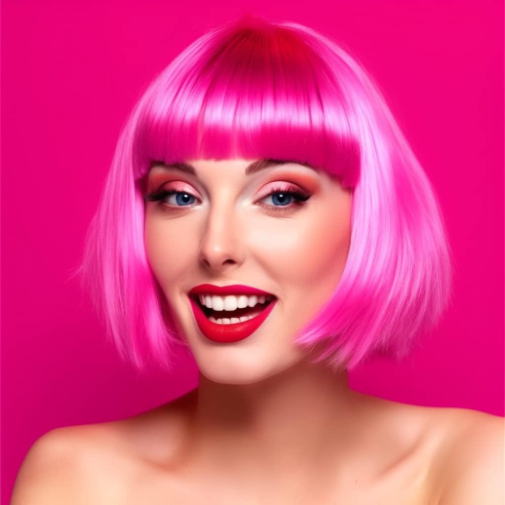Party Wigs Wig Cap and Sunglass Set,Short Bob Hair Wigs Straight with Flat Bangs Synthetic Colorful Cosplay Daily Party Neon Wig for Women (pink)