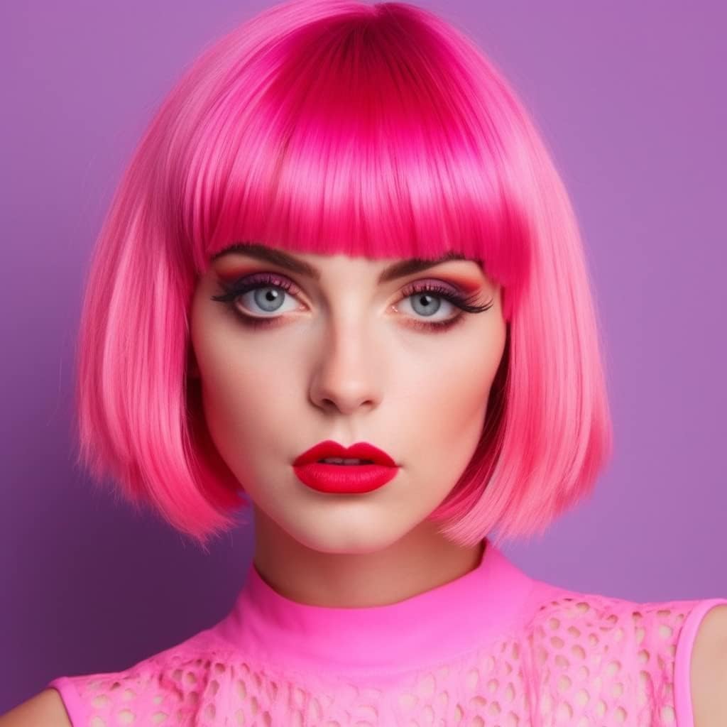 Party Wigs Wig Cap and Sunglass Set,Short Bob Hair Wigs Straight with Flat Bangs Synthetic Colorful Cosplay Daily Party Neon Wig for Women (pink)