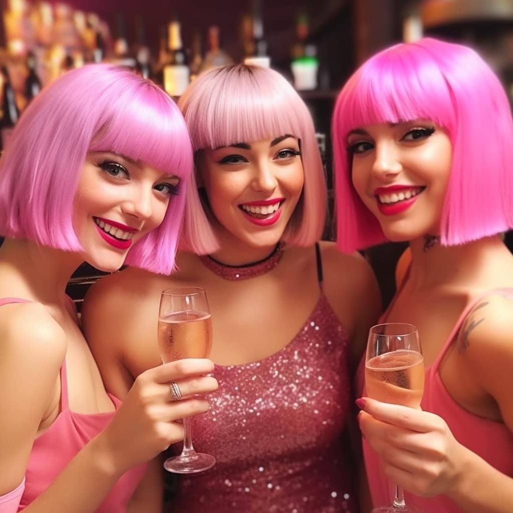 Party Wigs Wig Cap and Sunglass Set,Short Bob Hair Wigs Straight with Flat Bangs Synthetic Colorful Cosplay Daily Party Neon Wig for Women (pink)