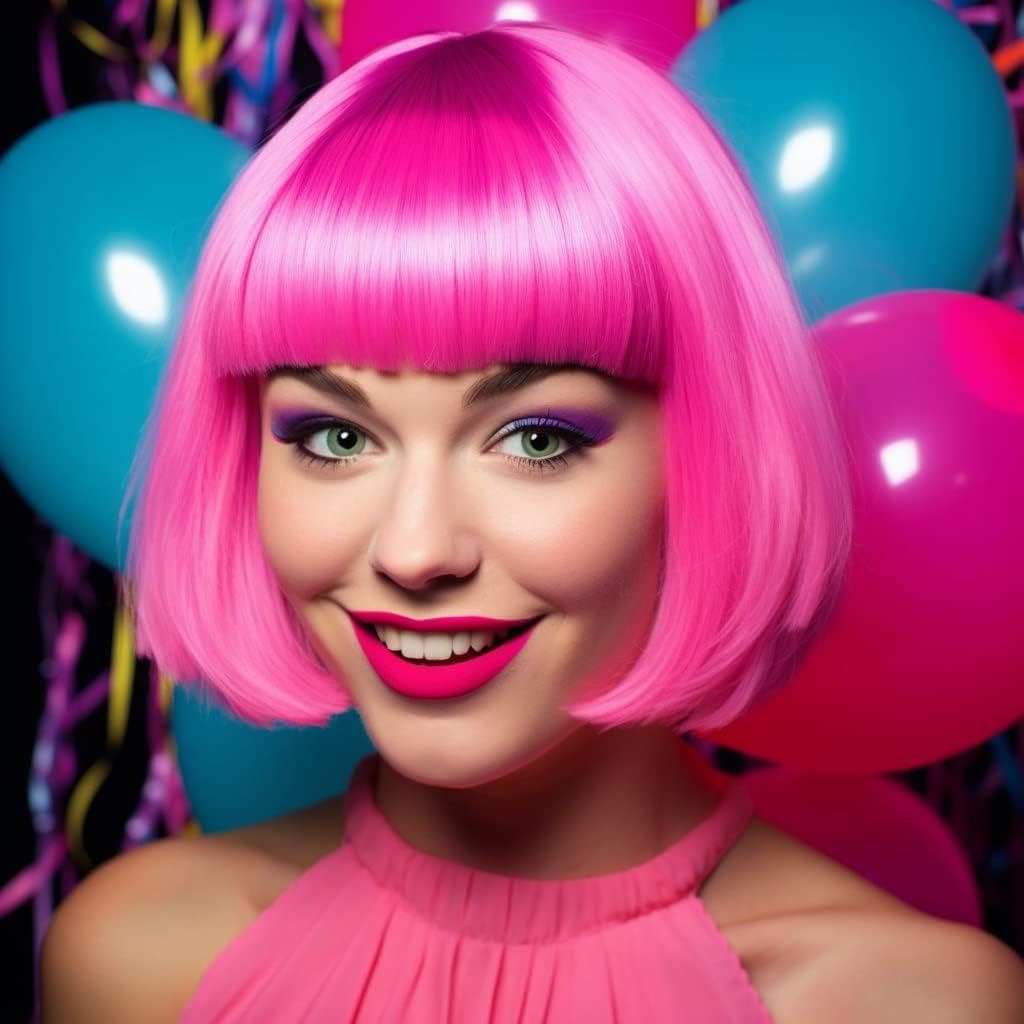 Party Wigs Wig Cap and Sunglass Set,Short Bob Hair Wigs Straight with Flat Bangs Synthetic Colorful Cosplay Daily Party Neon Wig for Women (pink)