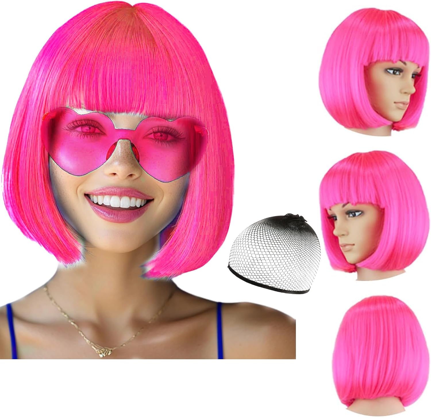Party Wigs Wig Cap and Sunglass Set,Short Bob Hair Wigs Straight with Flat Bangs Synthetic Colorful Cosplay Daily Party Neon Wig for Women (pink)