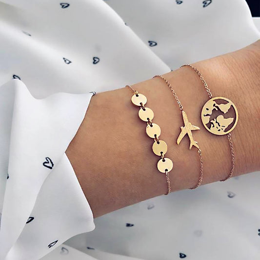 European And American Bohemian Aircraft Map Charm Bracelet 3-piece Set For Women