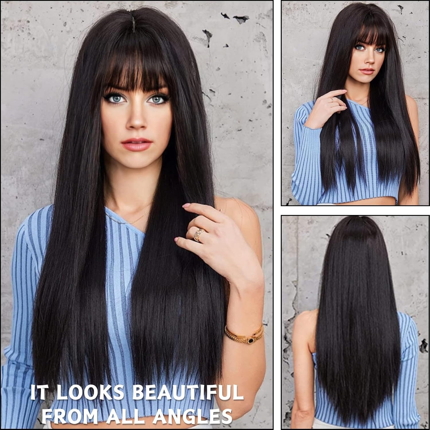 Black Long Straight Wig With Flat Bangs for Women - Natural Shoulder Length Heat Resistant Synthetic Hair for Party Cosplay Daily Use - 28" Black