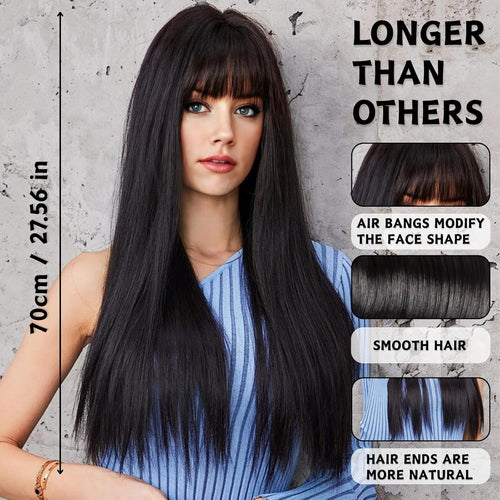 Black Long Straight Wig With Flat Bangs for Women - Natural Shoulder Length Heat Resistant Synthetic Hair for Party Cosplay Daily Use - 28" Black