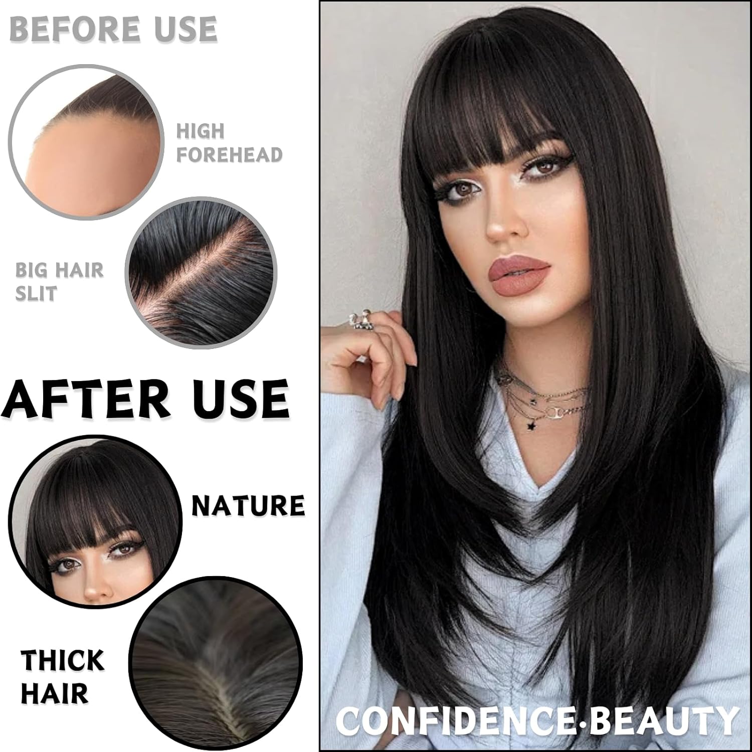 Black Long Straight Wig With Flat Bangs for Women - Natural Shoulder Length Heat Resistant Synthetic Hair for Party Cosplay Daily Use - 28" Black