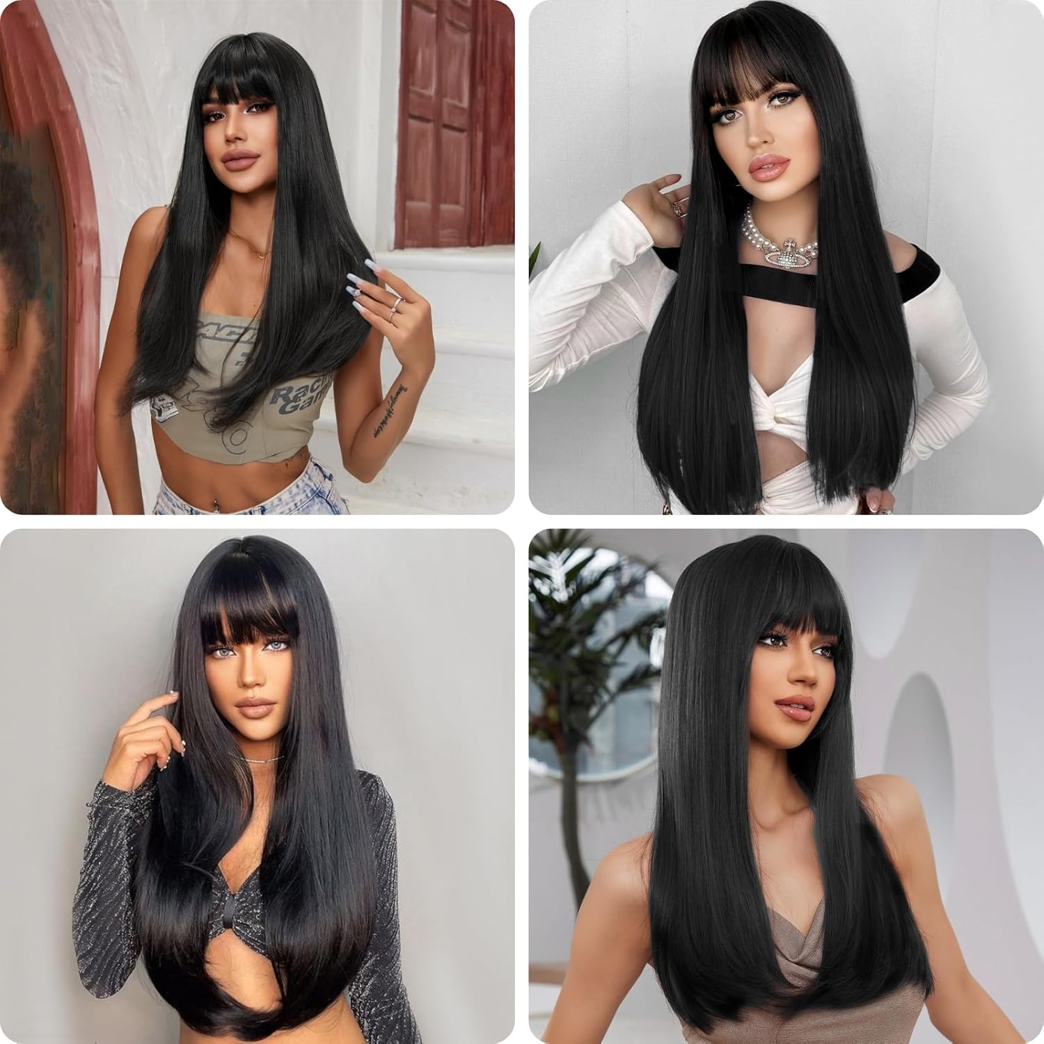 Black Long Straight Wig With Flat Bangs for Women - Natural Shoulder Length Heat Resistant Synthetic Hair for Party Cosplay Daily Use - 28" Black