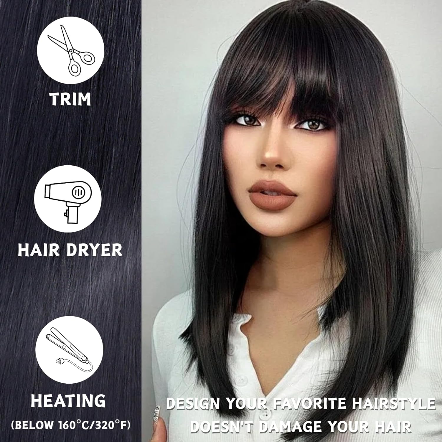 Black Long Straight Wig With Flat Bangs for Women - Natural Shoulder Length Heat Resistant Synthetic Hair for Party Cosplay Daily Use - 28" Black