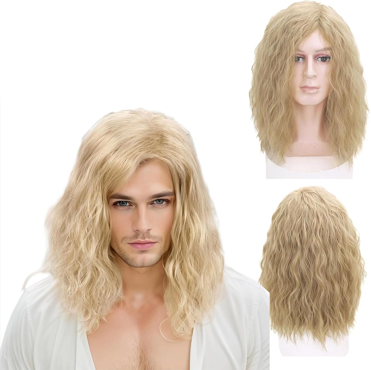 Mens Blonde Wig Mid Length Curly Hair, 16''/40 cm Pop Rocking Dude Wigs for Men, Handsome Fluffy Soft Hair Daily Male Wig Cosplay Wigs for 70s 80s Fancy Dress Costume Party (Blonde)