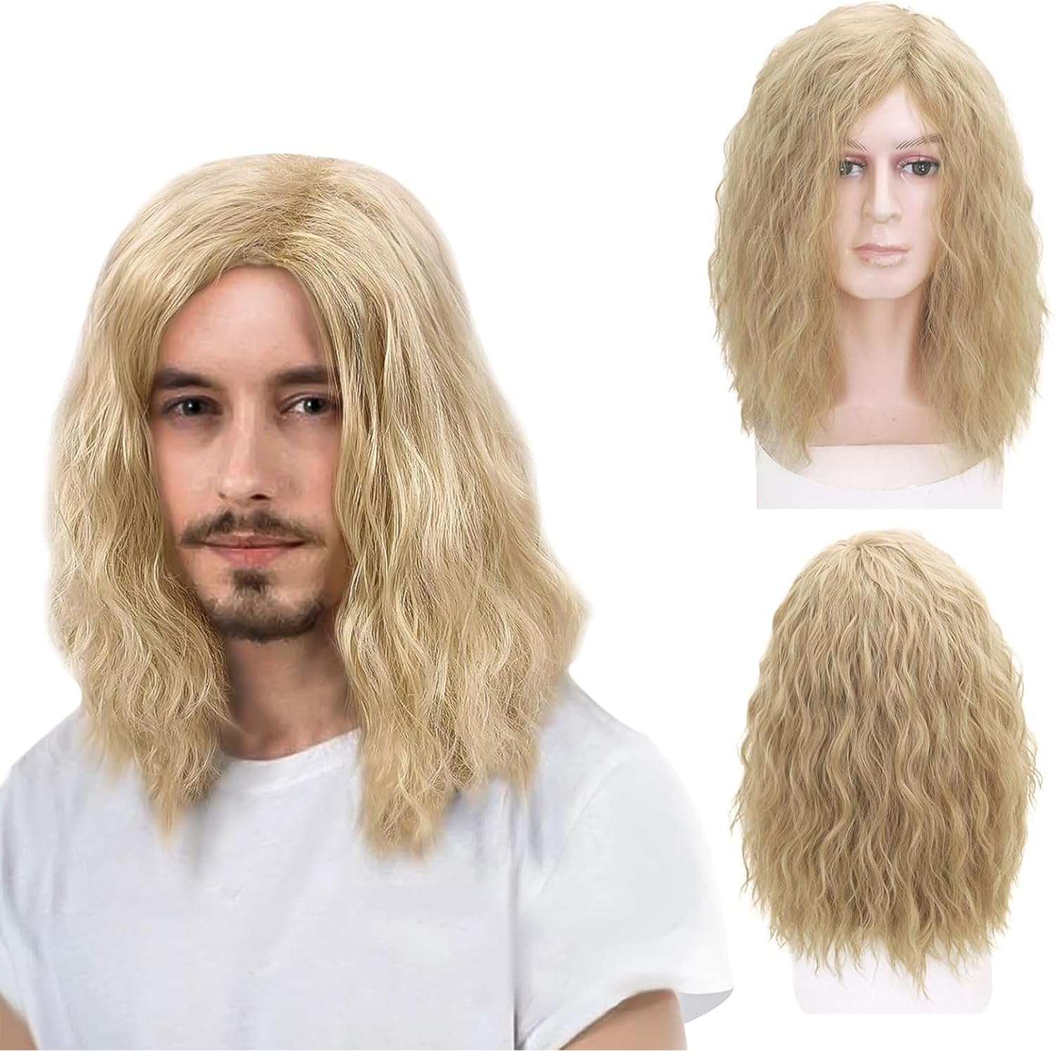 Mens Blonde Wig Mid Length Curly Hair, 16''/40 cm Pop Rocking Dude Wigs for Men, Handsome Fluffy Soft Hair Daily Male Wig Cosplay Wigs for 70s 80s Fancy Dress Costume Party (Blonde)