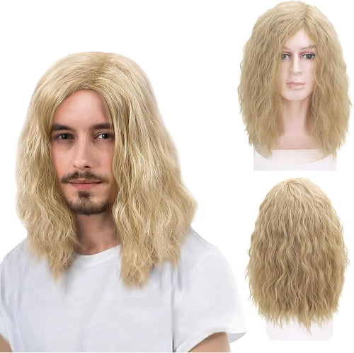 Mens Blonde Wig Mid Length Curly Hair, 16''/40 cm Pop Rocking Dude Wigs for Men, Handsome Fluffy Soft Hair Daily Male Wig Cosplay Wigs for 70s 80s Fancy Dress Costume Party (Blonde)