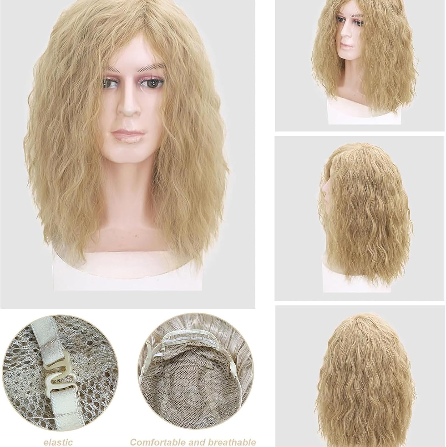 Mens Blonde Wig Mid Length Curly Hair, 16''/40 cm Pop Rocking Dude Wigs for Men, Handsome Fluffy Soft Hair Daily Male Wig Cosplay Wigs for 70s 80s Fancy Dress Costume Party (Blonde)
