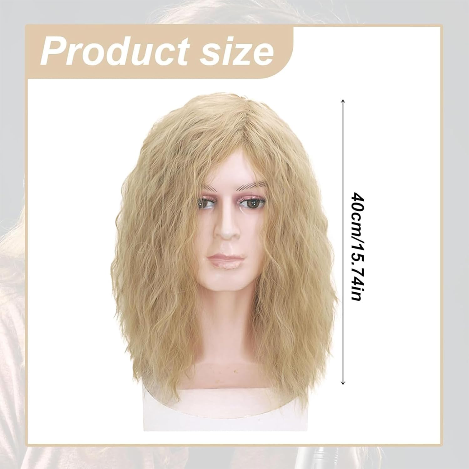 Mens Blonde Wig Mid Length Curly Hair, 16''/40 cm Pop Rocking Dude Wigs for Men, Handsome Fluffy Soft Hair Daily Male Wig Cosplay Wigs for 70s 80s Fancy Dress Costume Party (Blonde)